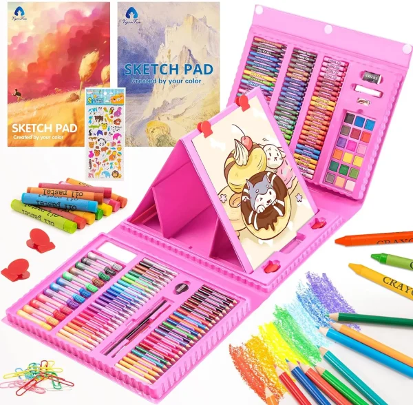 VigorFun Art Supplies, 240-Piece Drawing Art Kit, Gifts for Girls Boys Teens, Art Set Crafts Case with Double Sided Trifold Easel, Includes Sketch Pads, Oil Pastels, Crayons, Colored Pencils (Pink) Cyan - Image 2